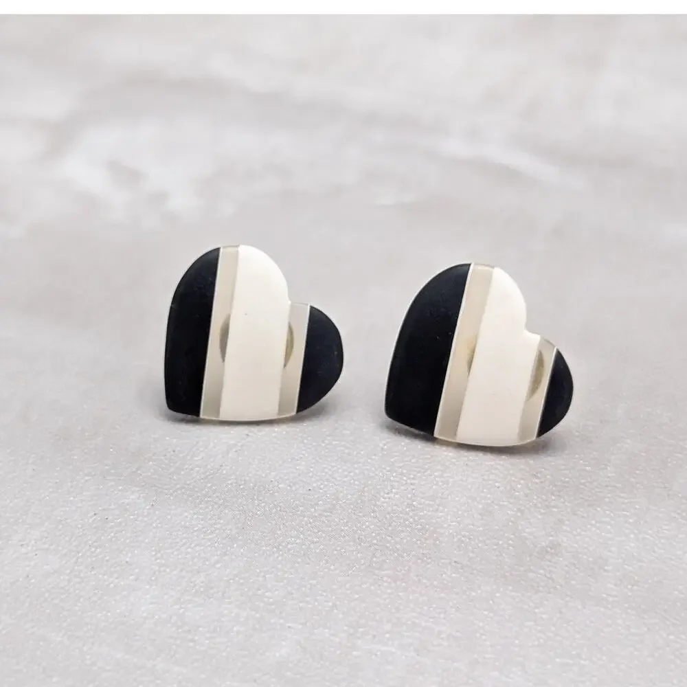 Vintage Stud Earrings Cream and Black Heart Shape - Valentines Love Theme